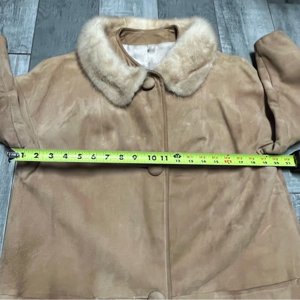 Vtg 50s Suede Leather Jacket Mink Fur Collar Cream 3/4 Sleeve Field Coat L - Picture 14 of 16